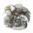 A bald eagle smoking a cigar while riding a motorcycle through a cloud of smoke tattoo design idea