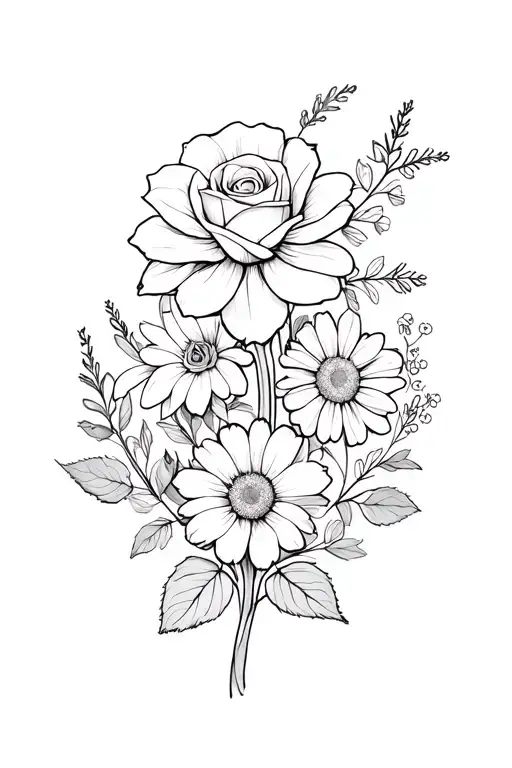 rose, daisy, and daffodil flower surrounded by baby breathe, lavender, and eucalyptus tattoo design idea