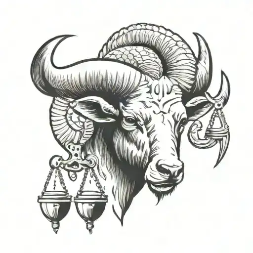 Half Bull head and half ram head emerging with Weight scales hanging from the Bull and ram horns tattoo design idea