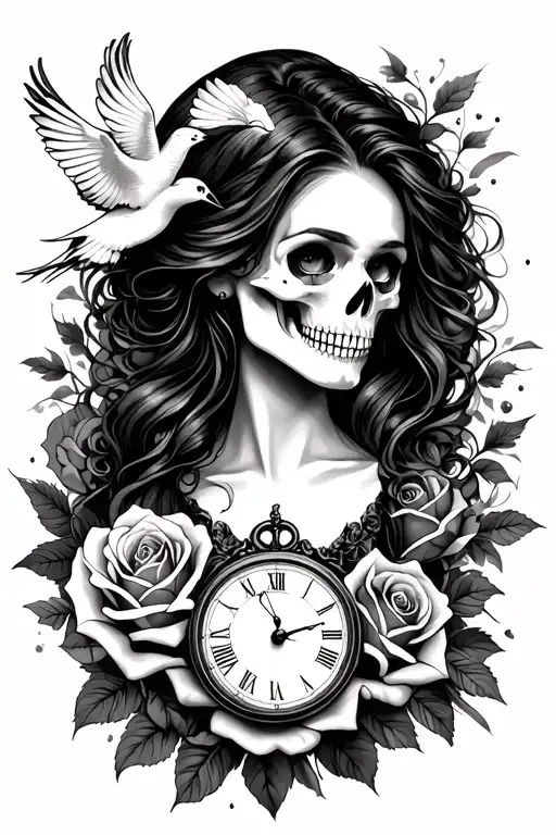 roses, skulls, woman face, sleeve tattoo featuring, dove, clock tattoo design idea