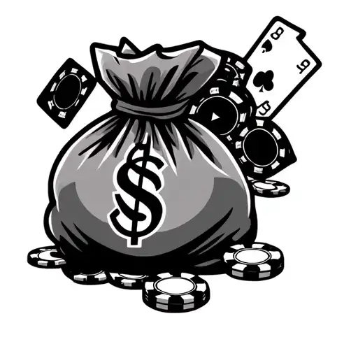 "Paper make" black and white hand tattoo of a money bag with a dollar sign surrounded by casino chips and cards  tattoo design idea