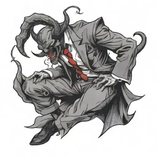 the devil wears a suit, full body, but he's happy, japanese traditionnal style tattoo design idea