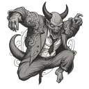 the devil wears a suit, full body, but he's happy, japanese traditionnal style tattoo design idea