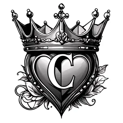 Queen crown, letter C and heart shape in a row tattoo design idea
