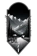  4triangle frames with mountain landscape, road bike on the road, MIA, tent tattoo design idea