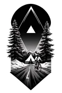  4triangle frames with mountain landscape, road bike on the road, MIA, tent tattoo design idea