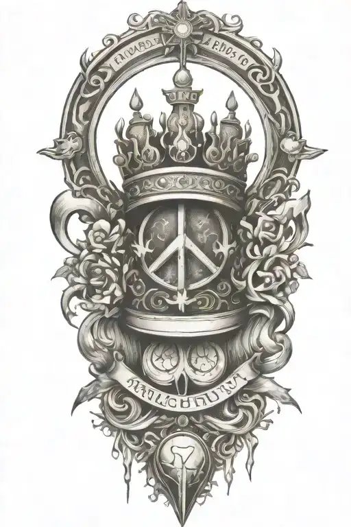 alchemy, peace, magic, crown, book, weapons tattoo design idea