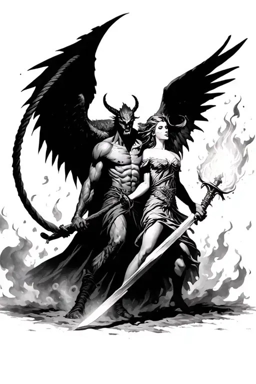 A male demon with a whip fighting a female guardian angel with a lightbringer sword. Surrounded by fire, dust, debries tattoo design idea
