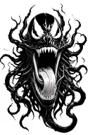 Venom portrait with open mouth open and tongue sticking out surrounded by tendrils tattoo design idea