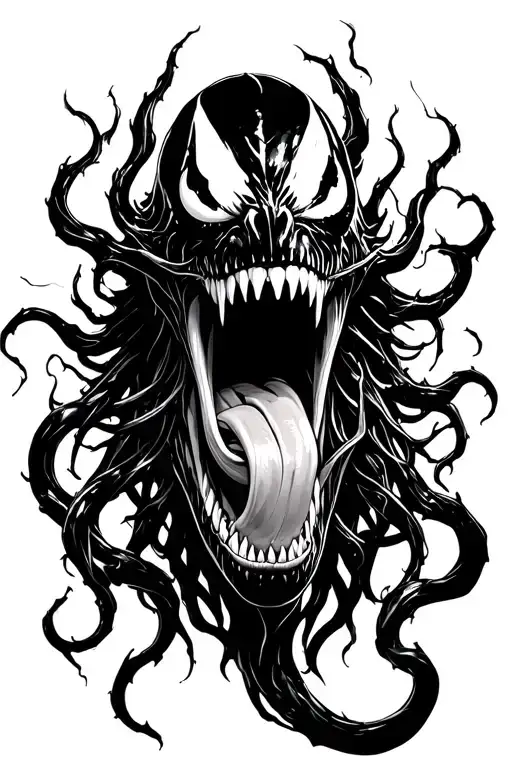 Venom portrait with open mouth open and tongue sticking out surrounded by tendrils tattoo design idea