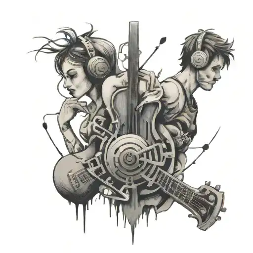 A split design showing a group of people enjoying music on one side and a solitary figure listening to music on the other side, representing your love for both socializing and solitude tattoo design idea