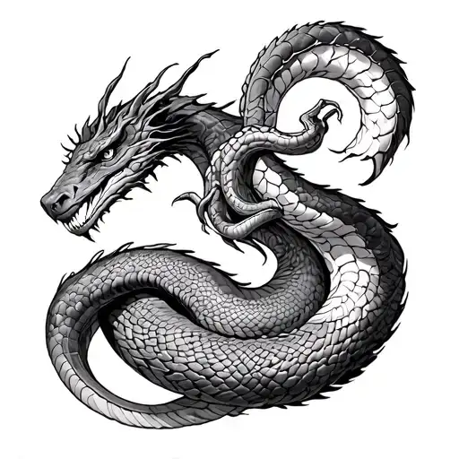 draw me a tattoo of the ancient serpent Jormungandr entwining himself around the kremmi of the world tree Yggdrasil with tattoo design idea