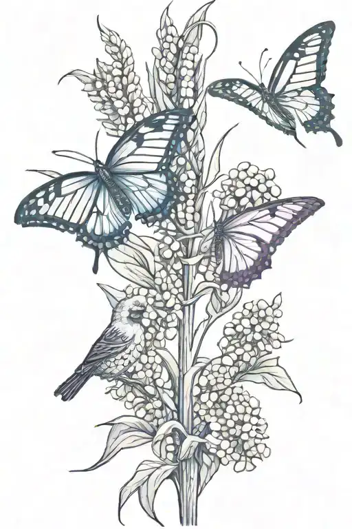 corn stalk, butterfly, lilac, cardinal perched tattoo design idea