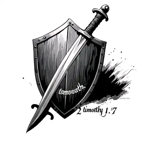 Shield with a sword going down the middle and "2 timothy 1:7" written in cursive diagonally in the shield  tattoo design idea
