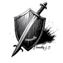 Shield with a sword going down the middle and "2 timothy 1:7" written in cursive diagonally in the shield  tattoo design idea