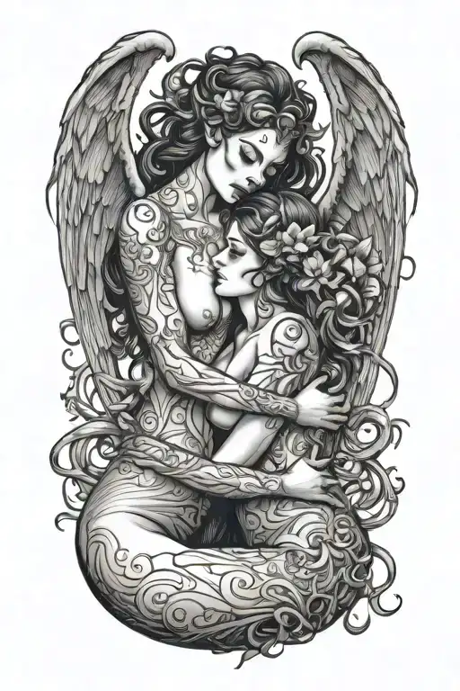 Two succubi making out, embracing. Sexual, erotic. tattoo design idea