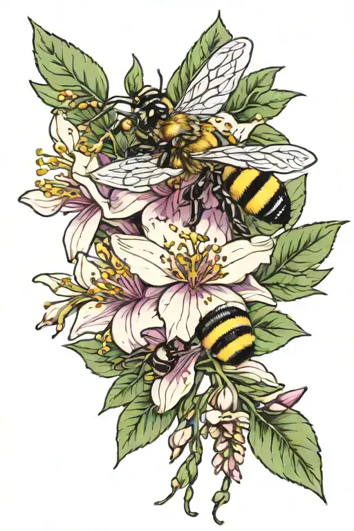 bees pollinating, bougainvillea flowers tattoo design idea