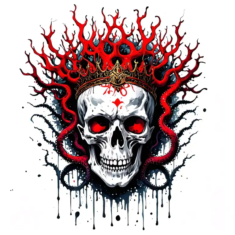King Of Bones With A Coral Crown, Hades 2 Style, Eldritch, Tentacles, Lovecraftian, Deep Sea background, seaweeds tattoo design idea