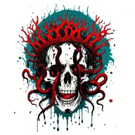 King Of Bones With A Coral Crown, Hades 2 Style, Eldritch, Tentacles, Lovecraftian, Deep Sea background, seaweeds tattoo design idea