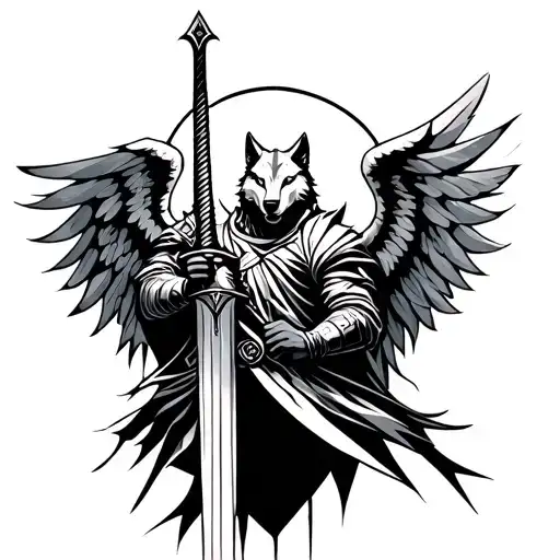 Meaningful wolf warrior angel holding a sword tattoo design idea