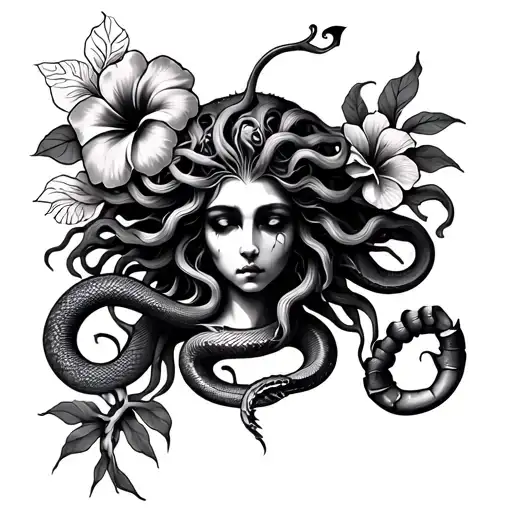 a Medusa tattoo with a jellyfish a snake and a scorpion with hibiscus flowers tattoo design idea