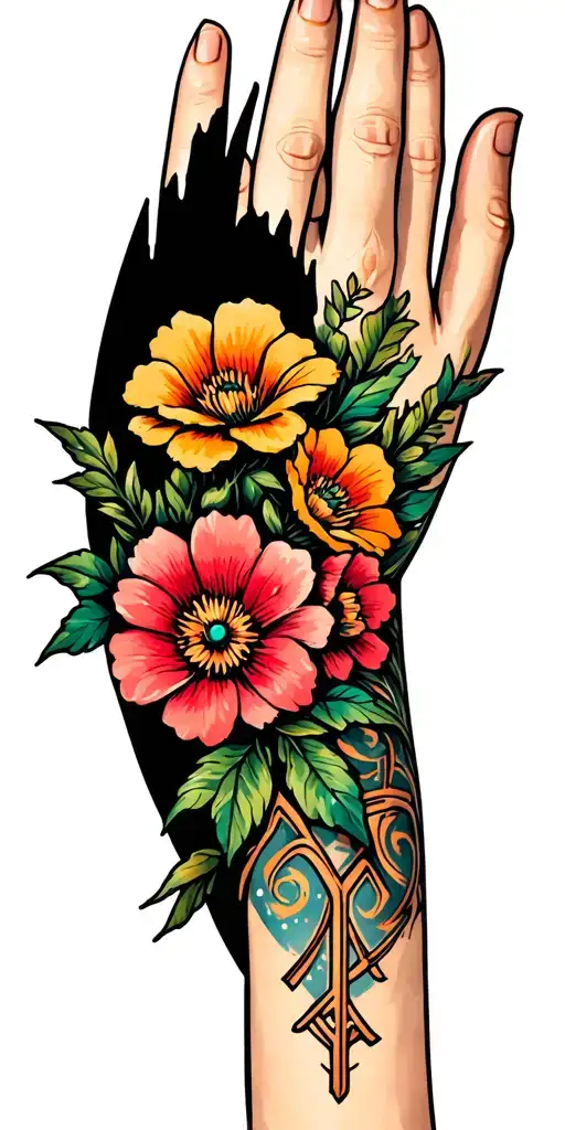 small sailor Jerry flowers surrounded by big black negative spaces embellished with micro twinkles and crosses  tattoo design idea