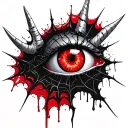 Satanic Realistic Eye, cracked and bleeding. dark black blood red. Bleeding Thorns black spider web and Silver Horns men tattoo design idea