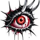 Satanic Realistic Eye, cracked and bleeding. dark black blood red. Bleeding Thorns black spider web and Silver Horns men tattoo design idea