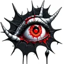 Satanic Realistic Eye, cracked and bleeding. dark black blood red. Bleeding Thorns black spider web and Silver Horns men tattoo design idea