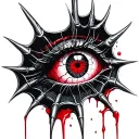 Satanic Realistic Eye, cracked and bleeding. dark black blood red. Bleeding Thorns black spider web and Silver Horns men tattoo design idea