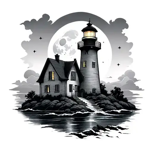 beacon of light house with moon tattoo design idea