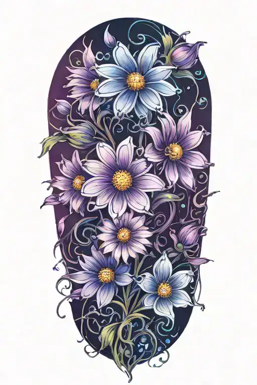 purple daisy flowers intertwined with blue cosmos flowers tattoo design idea