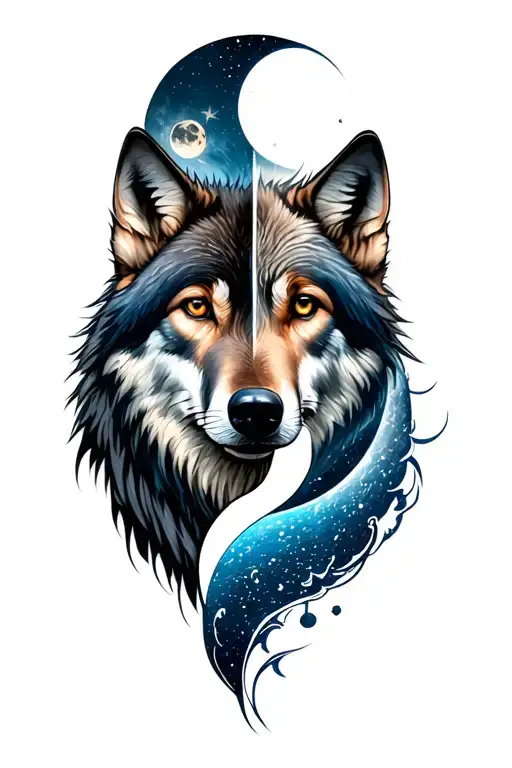 wolf and moon merging together symbolizing tattoo design idea