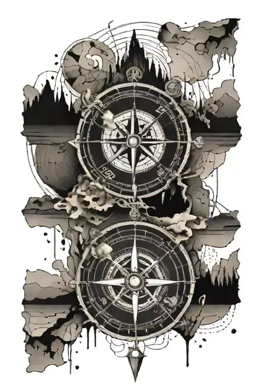 A tattoo design of a compass set on a background of skin tearing away into a map, mountains, fox, coordinates tattoo design idea