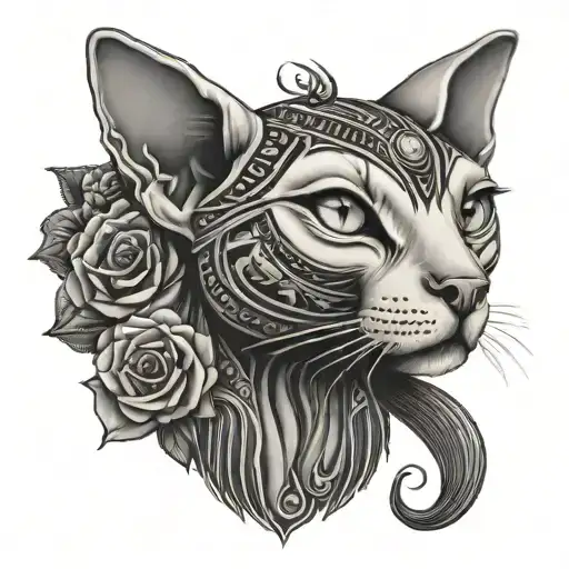 Egyptian tattoo with an sphynx cat for a woman's chest, with ornamental and symbolic decoration in traditional black sty tattoo design idea