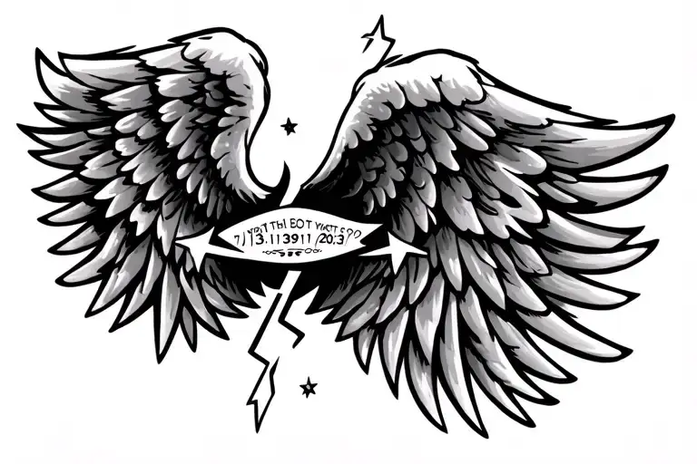 "7/13/1991-11/25/2023" single Angel wing with stars and lighting strikes  tattoo design idea