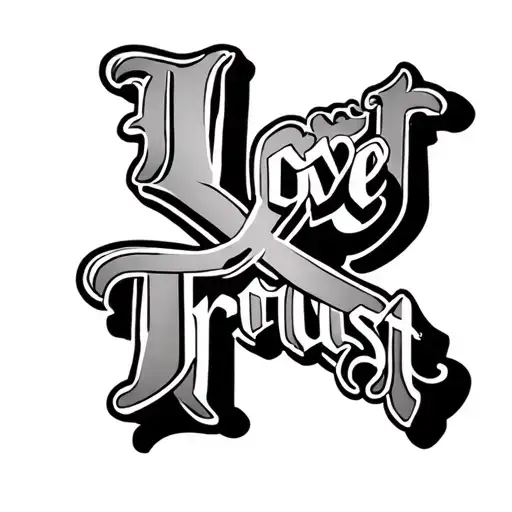 Love and Trust inscription with crossed out letters and the word lust is formed tattoo design idea
