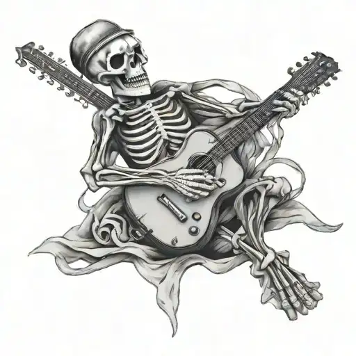skeleton playing guitar tattoo design idea