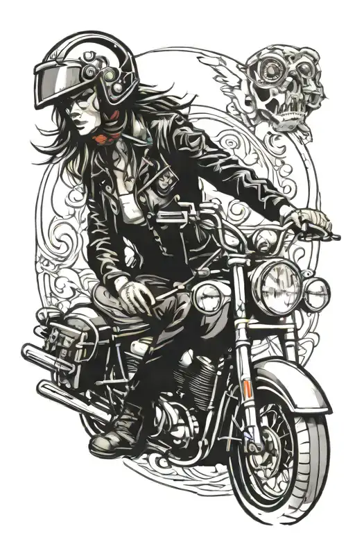 biker girl sitting on motorbike with a helmet on his head tattoo design idea