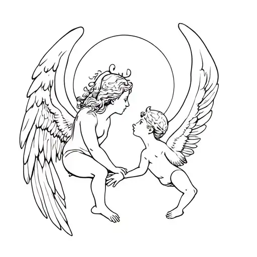 angel cherub with no halo, devil cherub has stolen the angels halo.  tattoo design idea