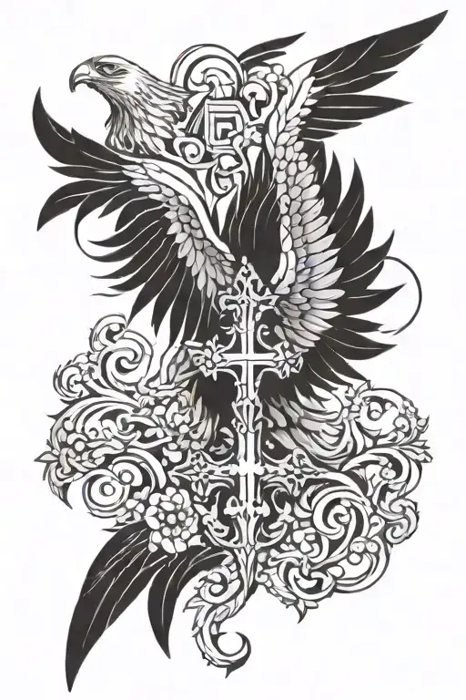 eagle wing with orthodox cross tattoo design idea