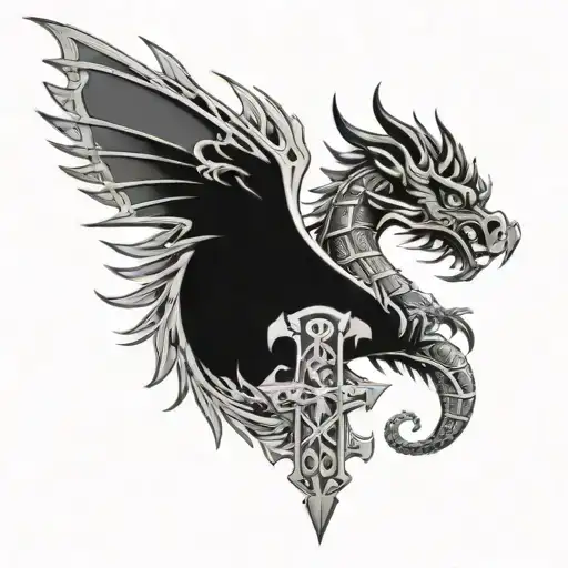 cross with Aztec dragon wrapped tattoo design idea