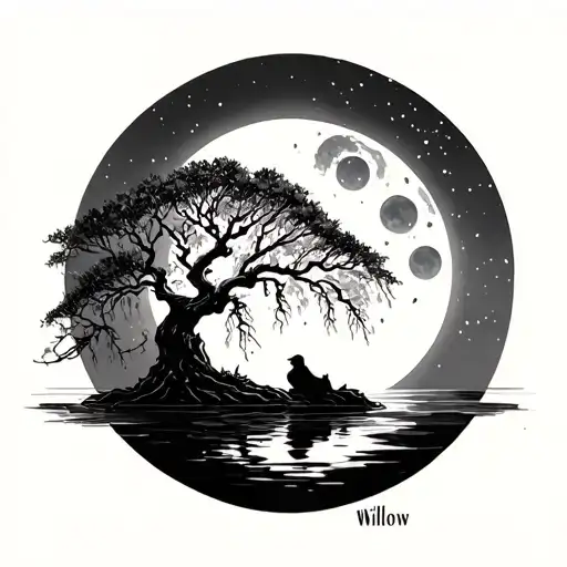 "Willow" willow tree moon water tattoo design idea