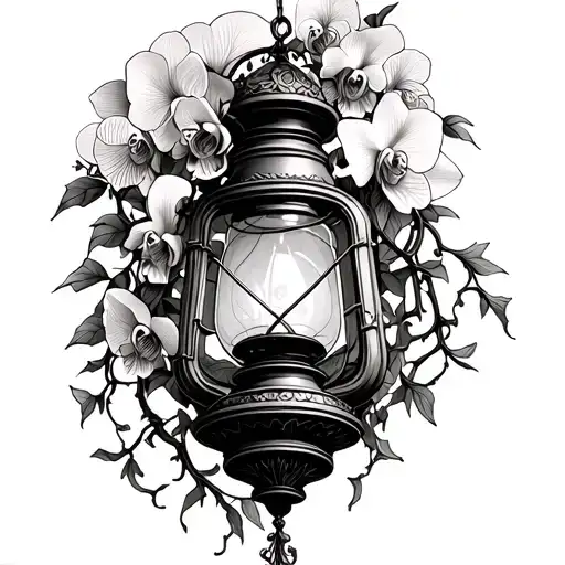 gothic withered old lantern overgrown by orchids and vines tattoo design idea