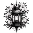 gothic withered old lantern overgrown by orchids and vines tattoo design idea