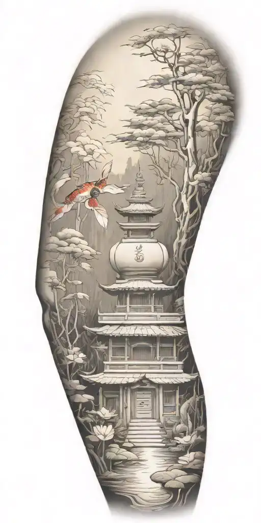 traditional scenario of nature inspired by Buddhist symbols. include bamboo, lotus, koi fish representing a spiritual  tattoo design idea