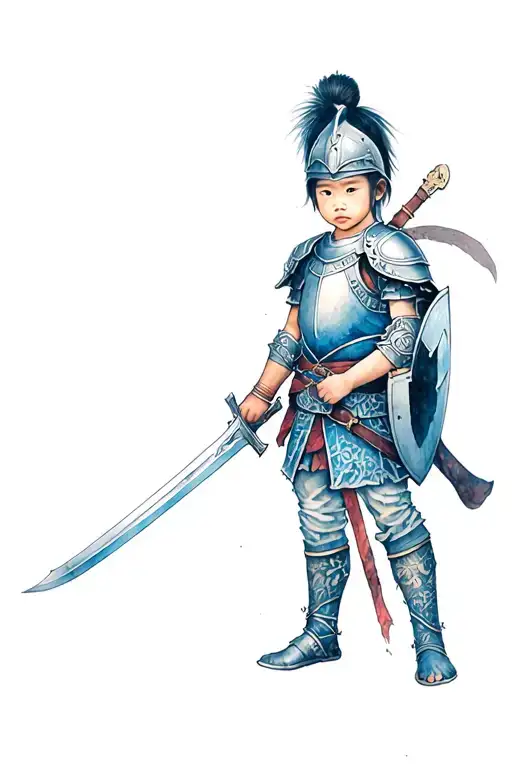 arm tattoo of an asian warrior child in full armour including helm, breastplate, sword,  shield, belt and shoes tattoo design idea