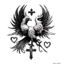 Phoenix with a cross and hearts in the corners tattoo design idea