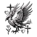 Phoenix with a cross and hearts in the corners tattoo design idea