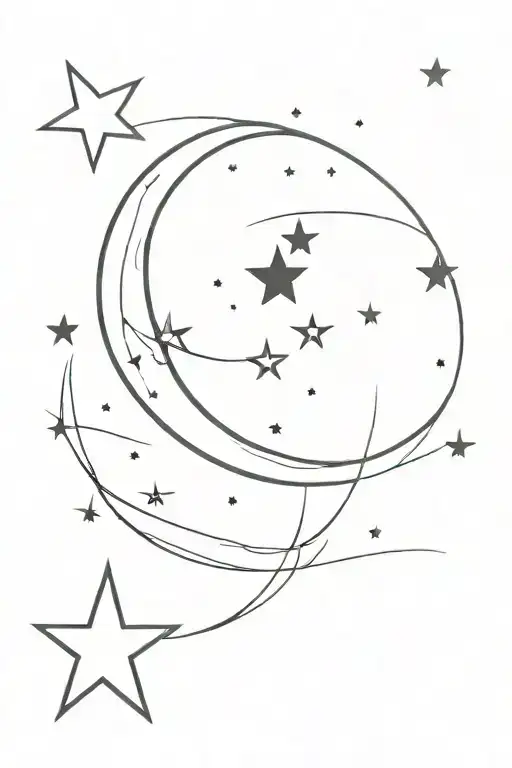 crescent moon surrounded by thin lines with stars forming tattoo design idea